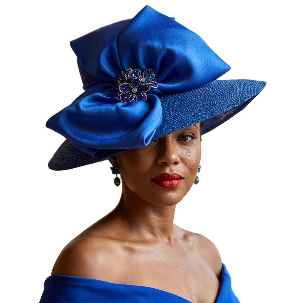 A woman wearing an elegant royal blue wide-brimmed hat with a large bow and jeweled floral accent, photographed indoors in a softly lit architectural setting.