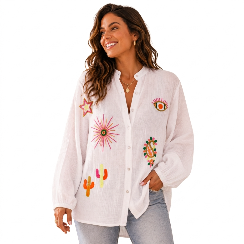 Woman wearing a white embroidered shirt with colorful designs on a white background