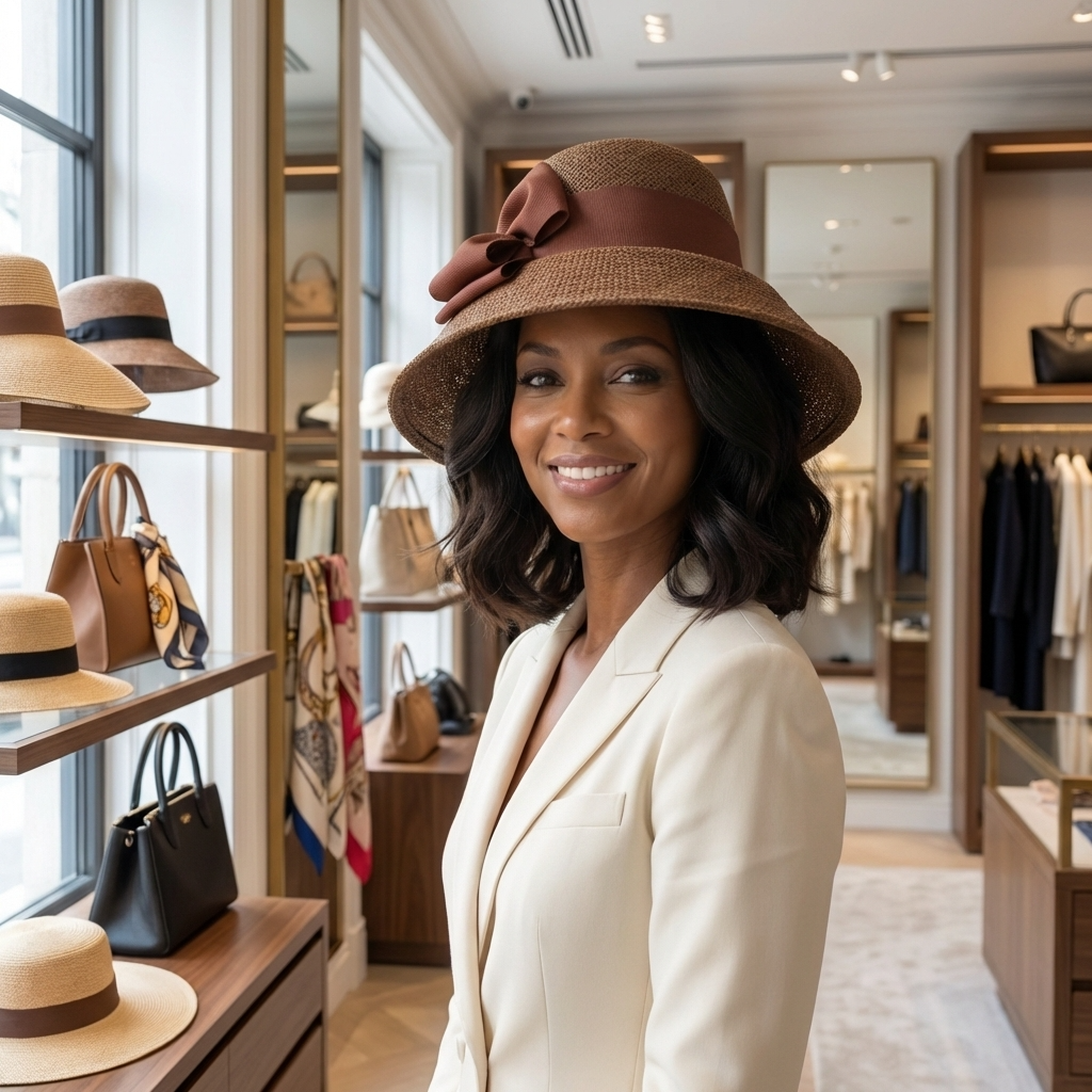 Woman wearing a brown hat in a store with clothing and bags on display.