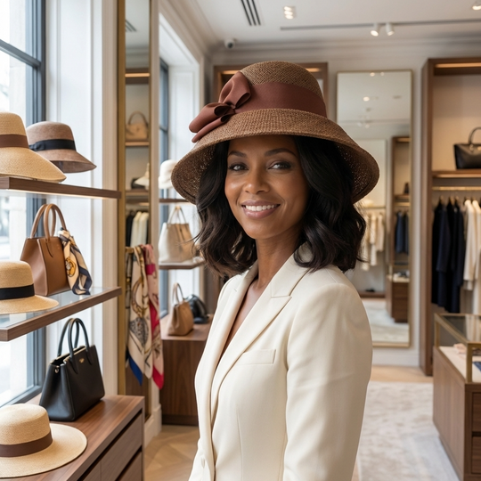 Woman wearing a brown hat in a store with clothing and bags on display.