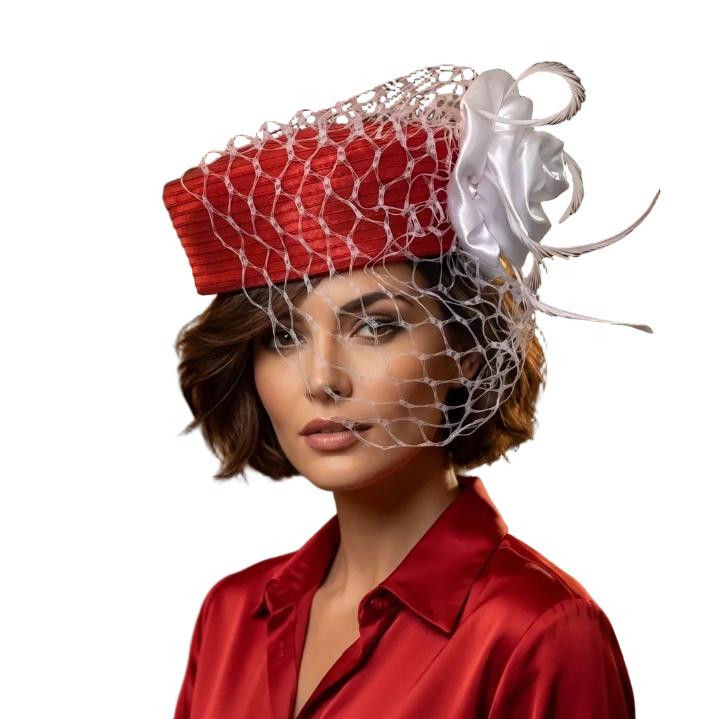 Woman wearing a red hat with white feathers in an indoor setting