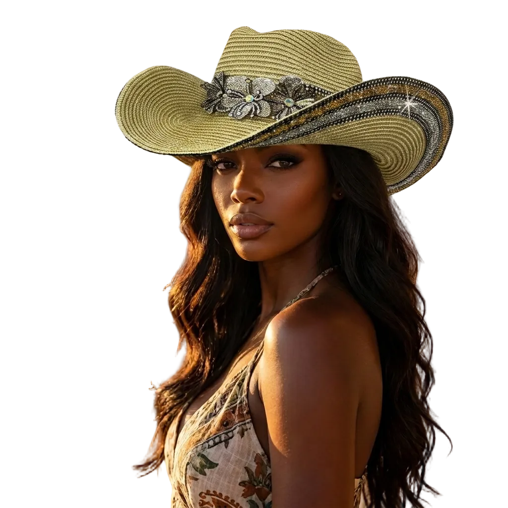 Woman wearing a decorative cowboy hat with a scenic background