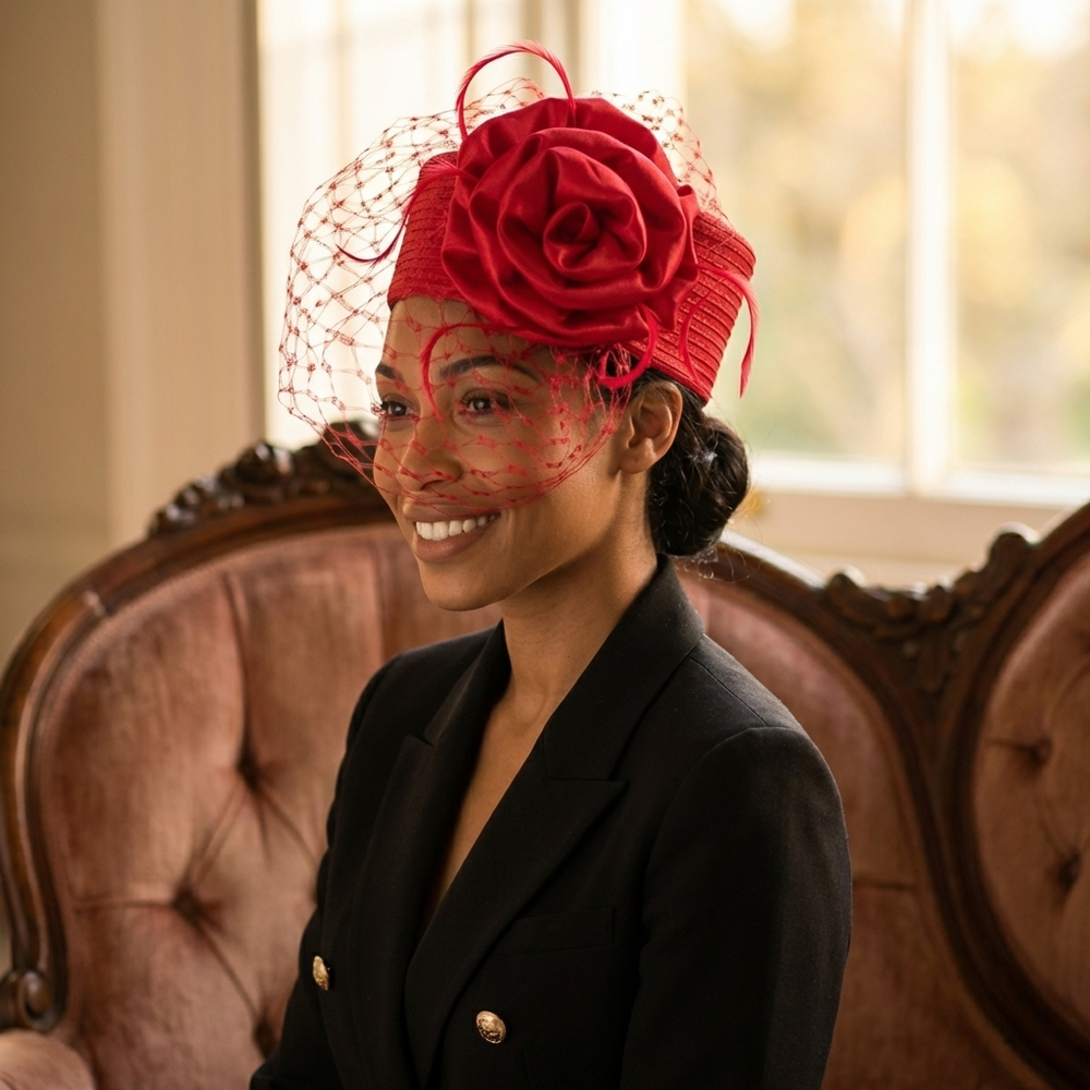 Red Pillbox Hat with Veil and Flower