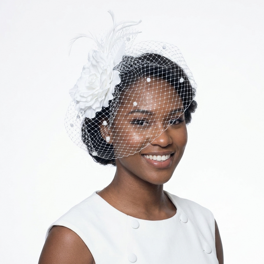 Silk Flower Face Veils Comb Fascinator: White