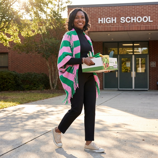 Woman walking outside a high school with a colorful scarf and books.