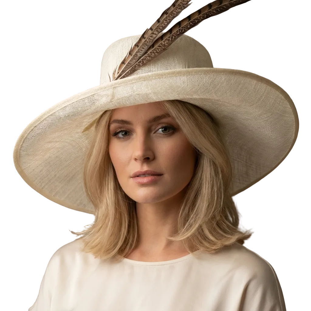 Woman wearing a wide-brimmed beige hat with feathers against a neutral background