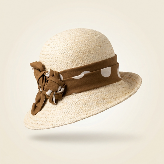 Vintage Polka Dot Floral Straw Cloche Hat -Tan Polka Dot