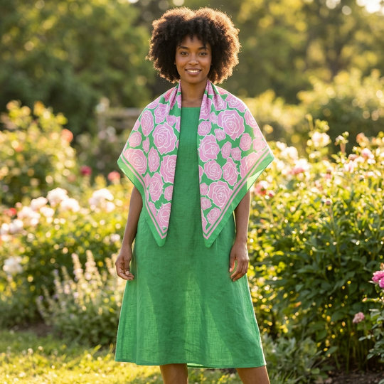Pink & Green Rose Print Square Scarf