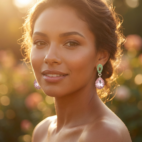 Pink & Green Crystal Small Tear Drop Earrings
