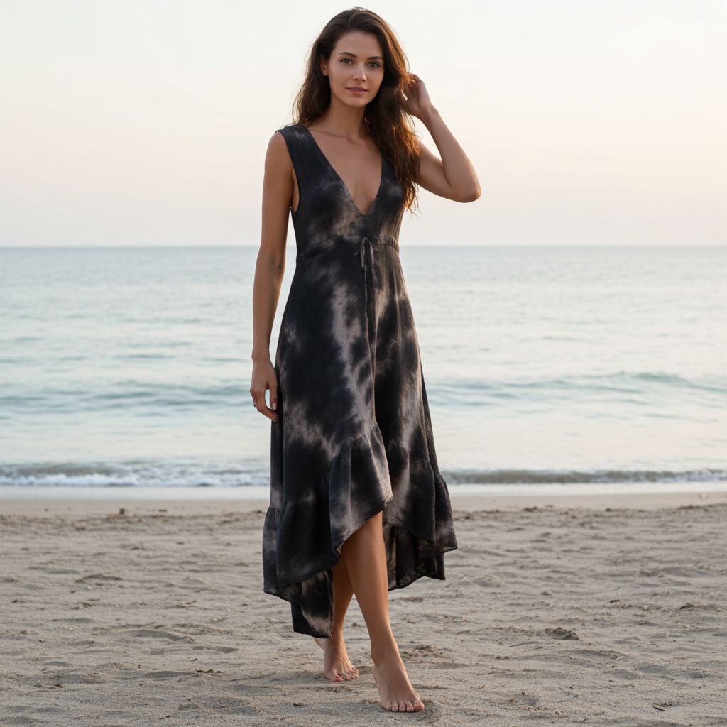 Woman in a tie-dye dress standing on a beach with ocean in the background