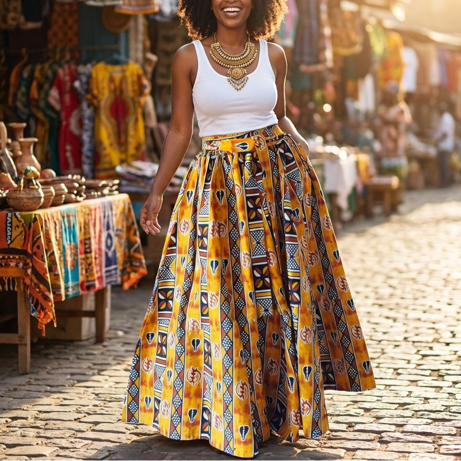 Woman in a colorful skirt standing in an outdoor market.