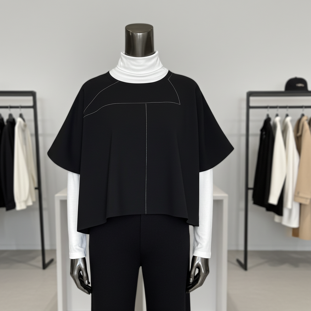 Mannequin wearing a black outfit with a white turtleneck in a clothing store setting.
