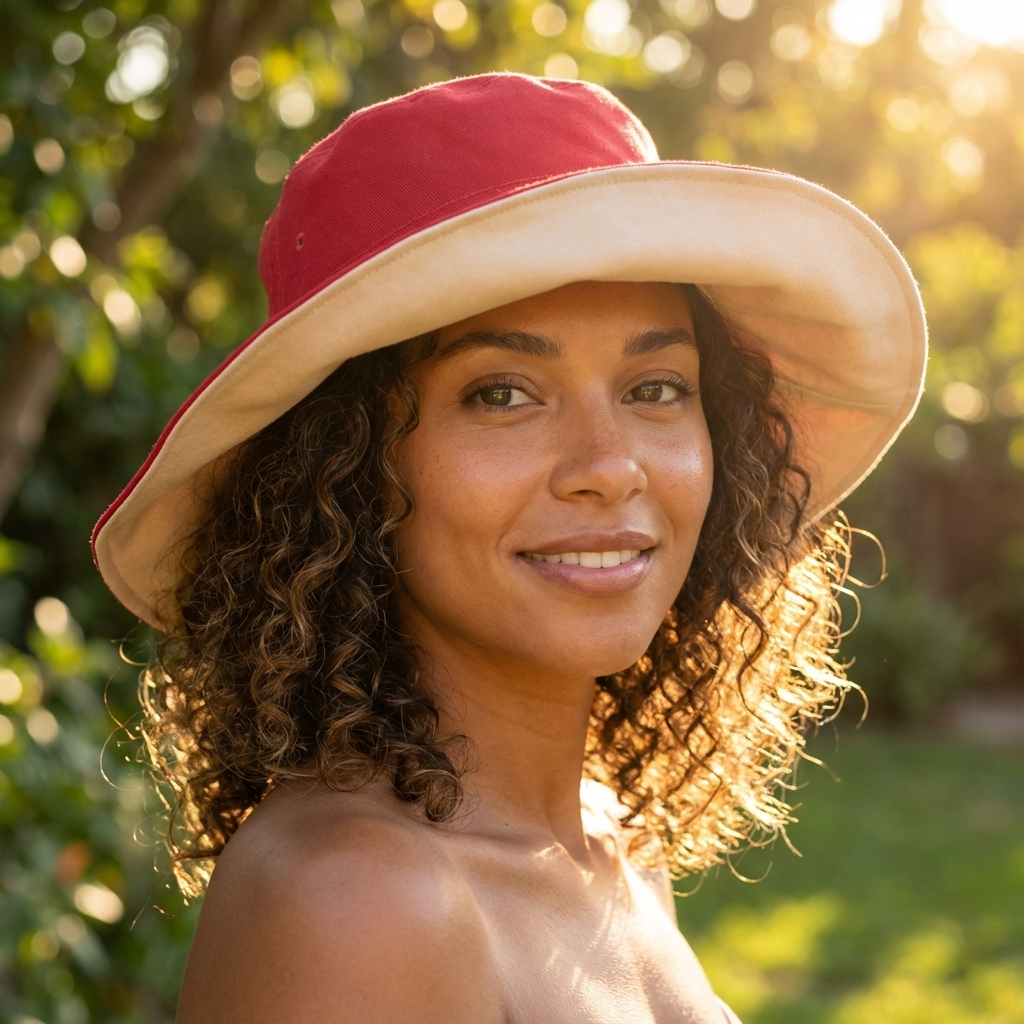 Woman wearing a red and beige hat in a natural setting
