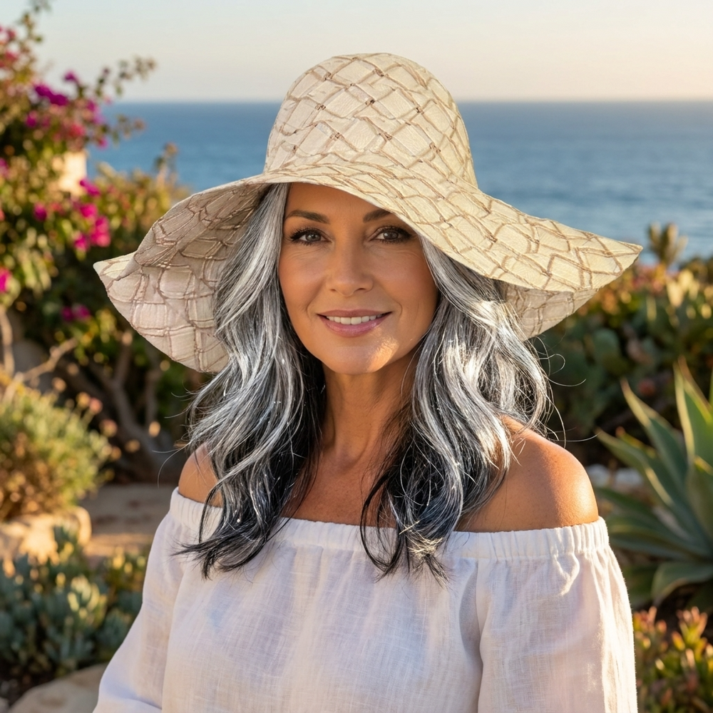 Ivory woven floppy hat with open lattice pattern and wide brim