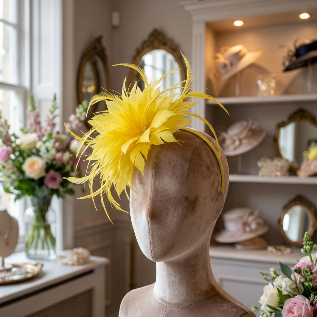 Yellow Feather Floral Fascinator Headband with Crinoline Detail