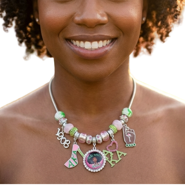 Alpha Kappa Alpha rhinestone flower choker necklace with pearl center