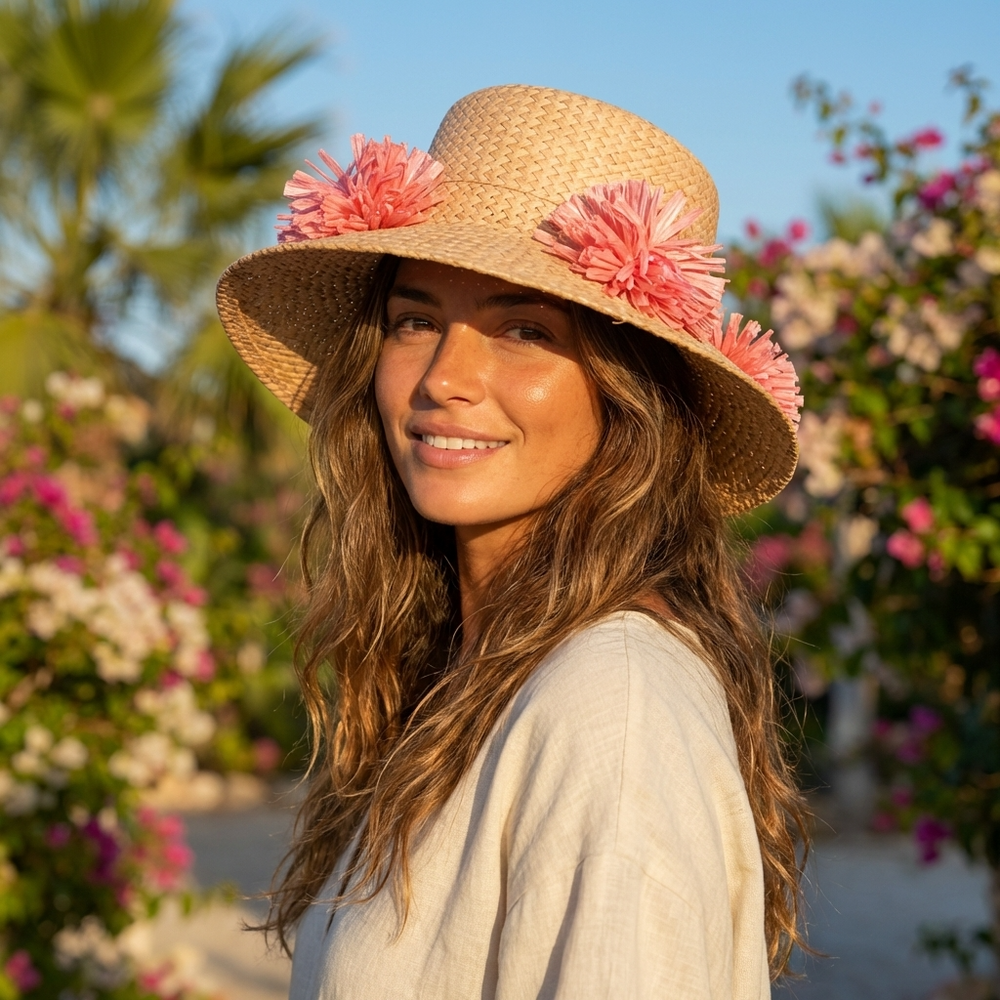 Woman wearing a straw hat with pink flowers in a garden setting