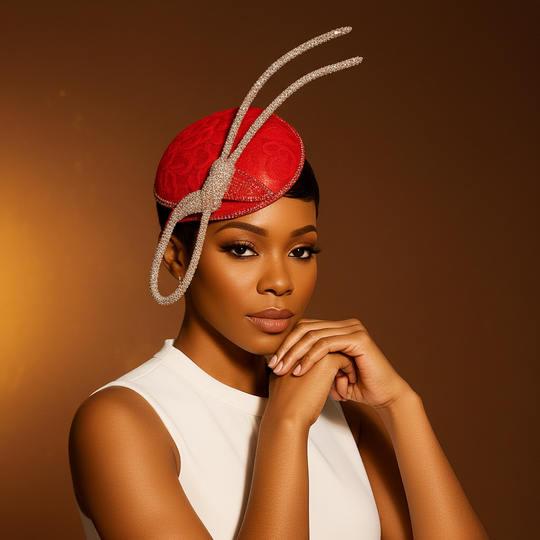 Woman wearing a red hat with decorative elements on a brown background