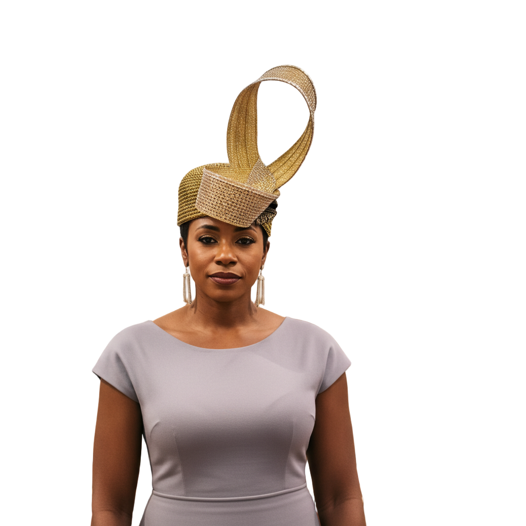 Woman wearing a decorative headpiece in a church setting