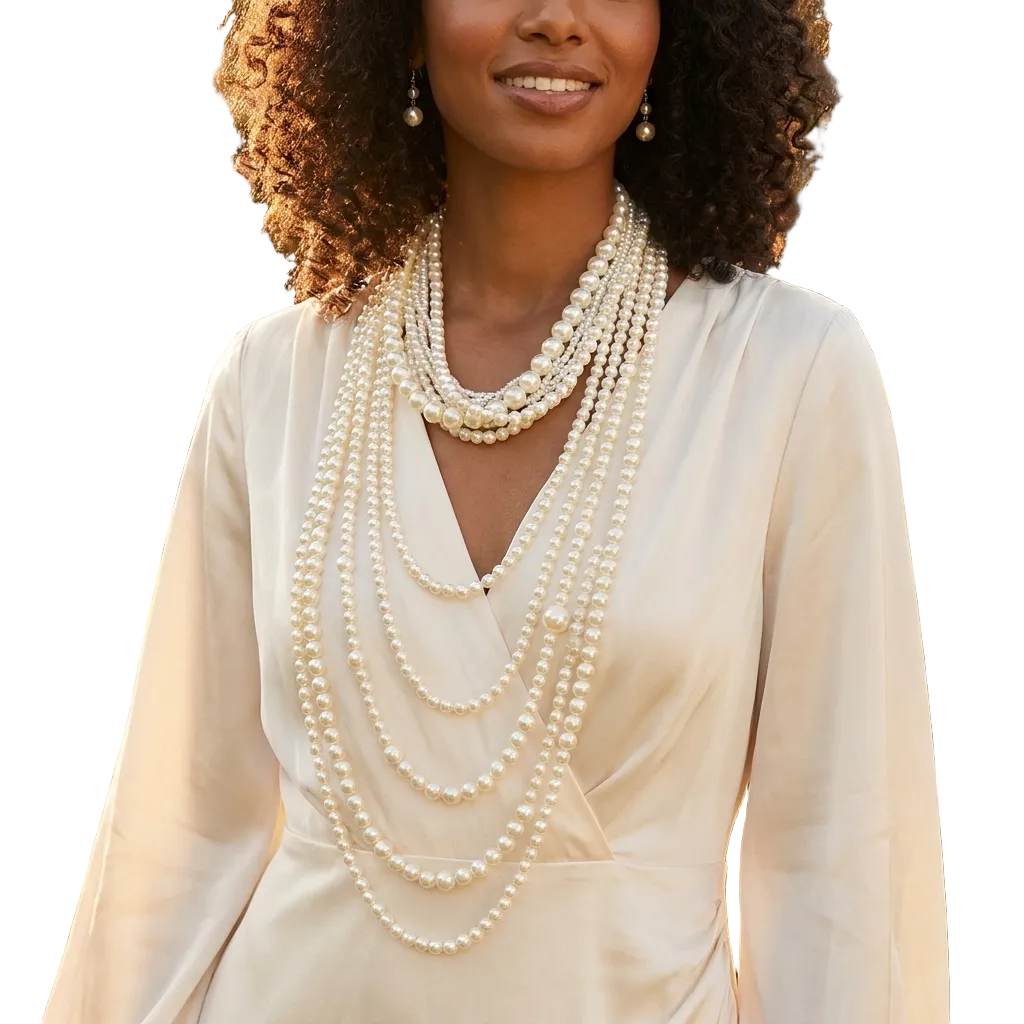 Woman wearing multiple pearl necklaces in a garden setting