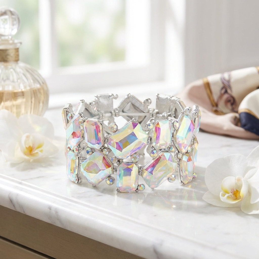 Crystal Rectangle & Round Stone Stretch Bracelet – Silver