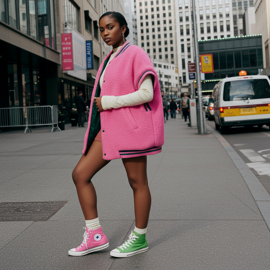 Woman wearing a pink coat and colorful sneakers on a city street.