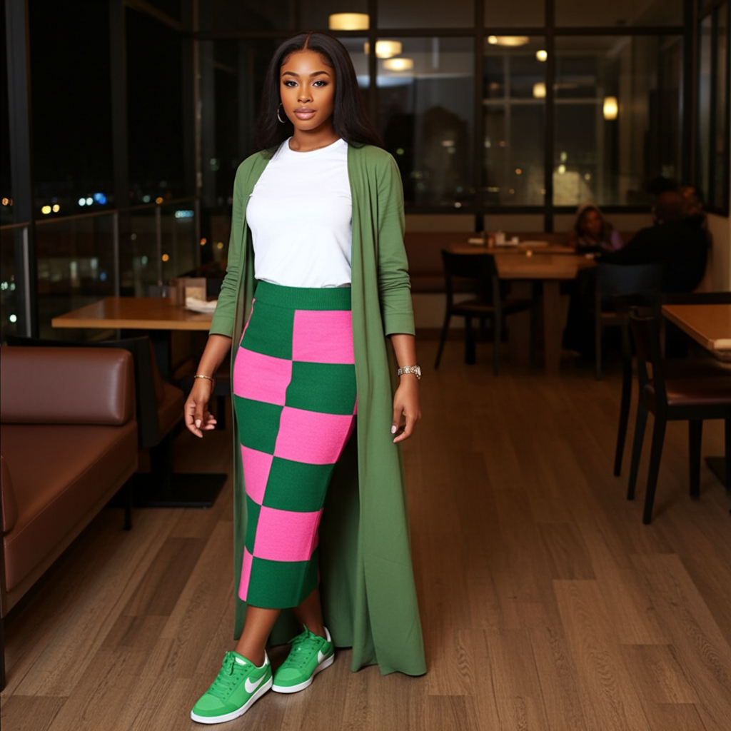 Woman in a green cardigan and pink and green checkered pants standing in a restaurant.