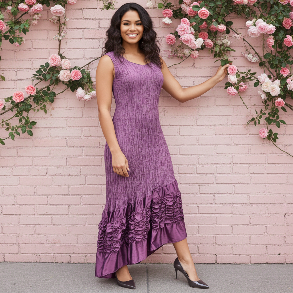 Woman in a purple dress standing against a pink brick wall with floral decorations