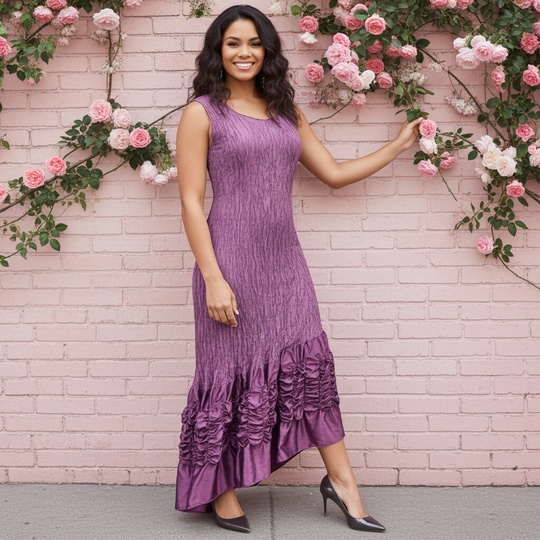Woman in a purple dress standing against a pink brick wall with floral decorations