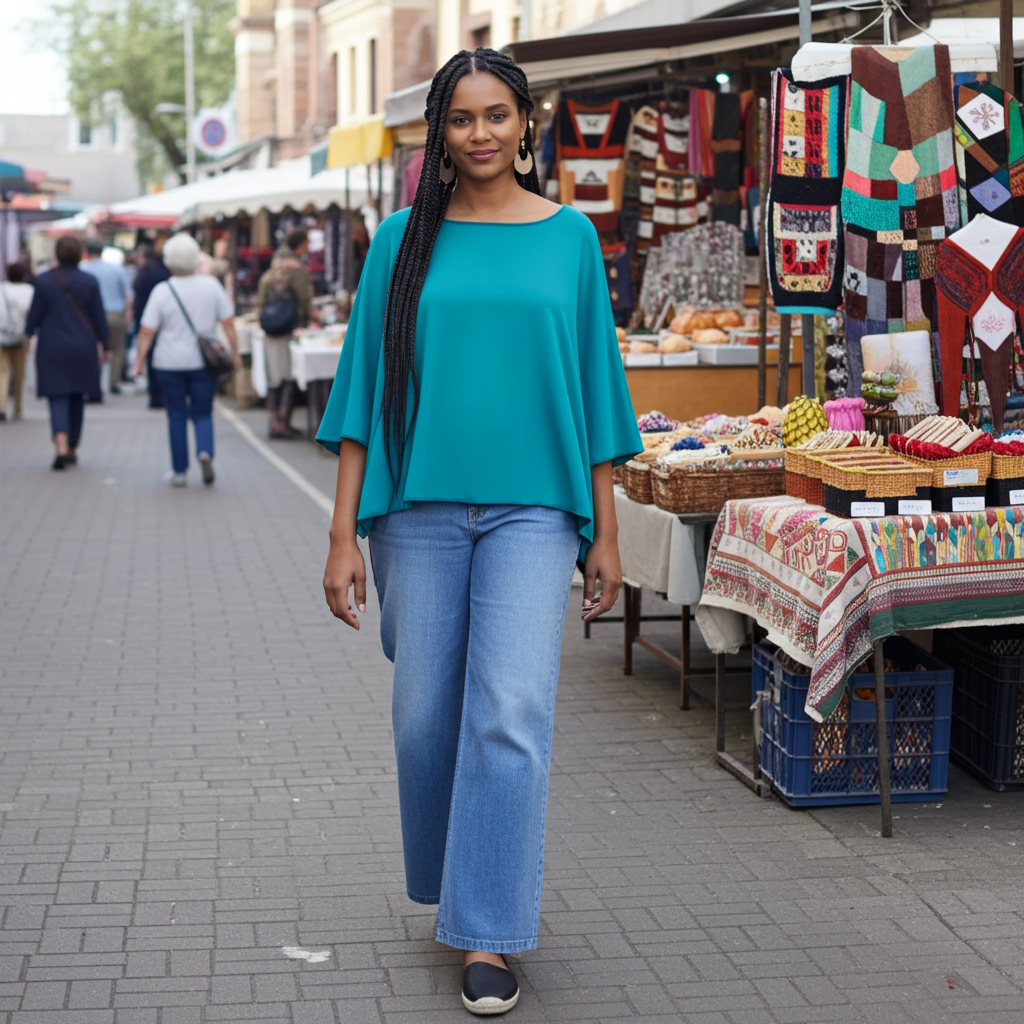 Woman in teal top and blue jeans standing in an outdoor market setting.