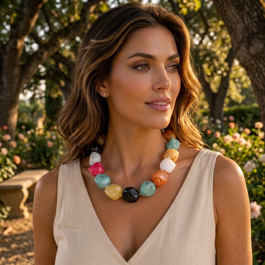 Chunky Marbled Resin Pebble Statement Necklace- Turquoise
