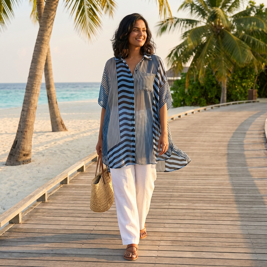 Woman walking on a wooden boardwalk by the beach with palm trees in the background