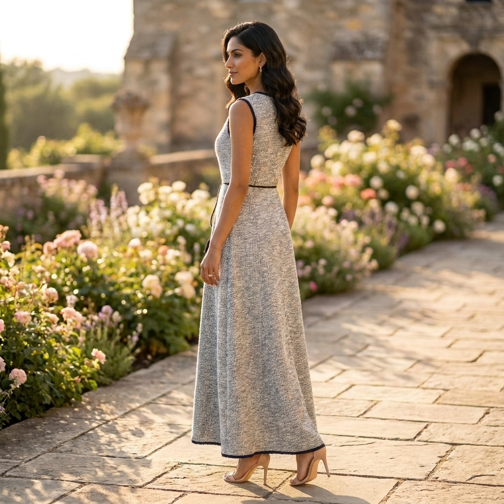 Woman in a long dress standing in a garden with flowers and a stone building in the background