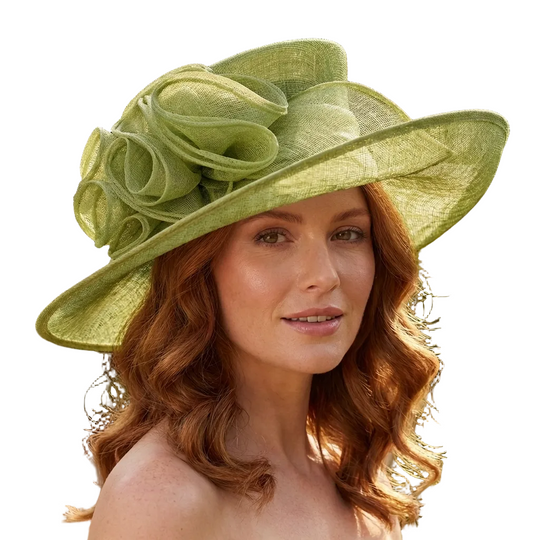 Woman wearing a green hat with floral details outdoors