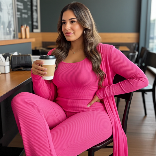 Woman in a pink outfit holding a coffee cup in a cafe setting