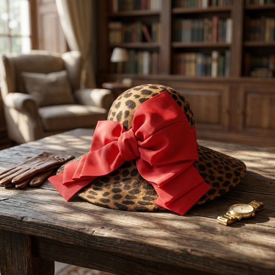 Sombrero con estampado de leopardo y ala media vuelta con ribete de plumas