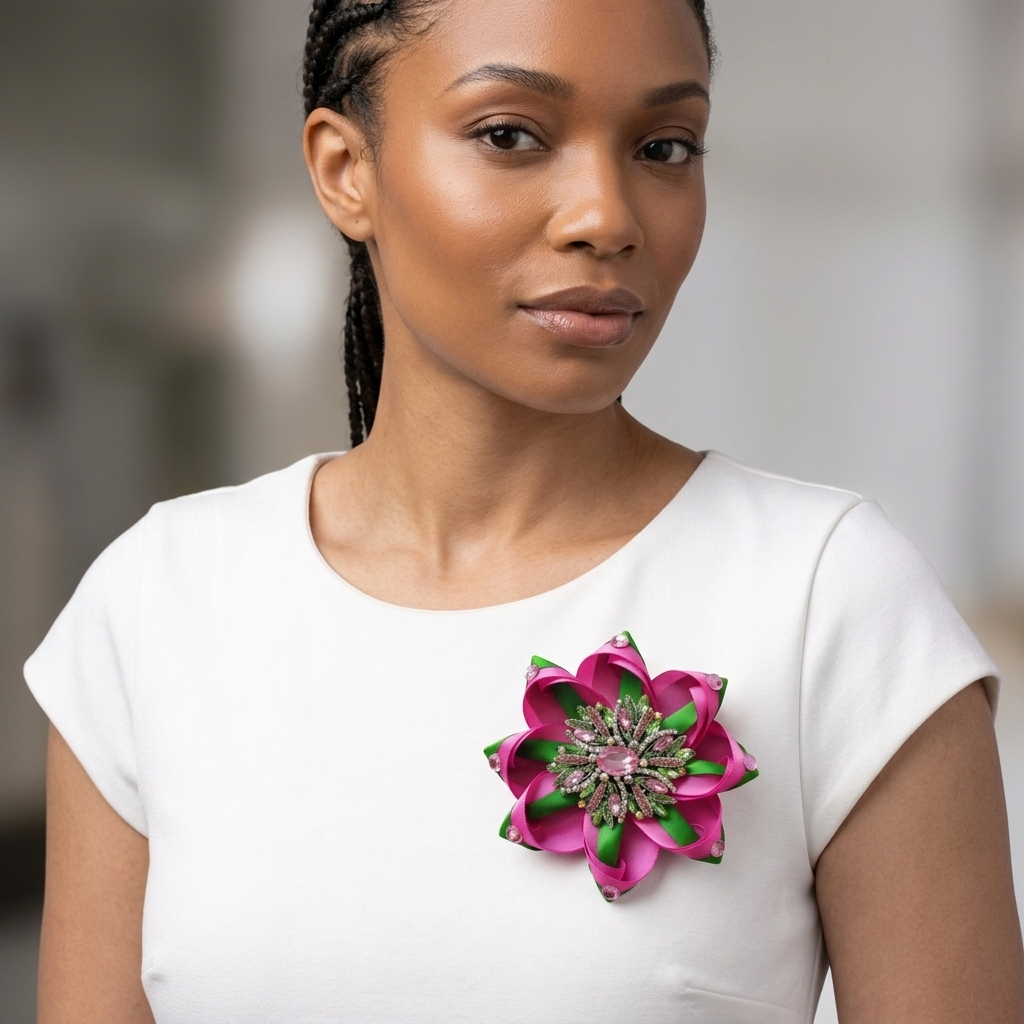 Woman wearing a white top with a pink floral brooch