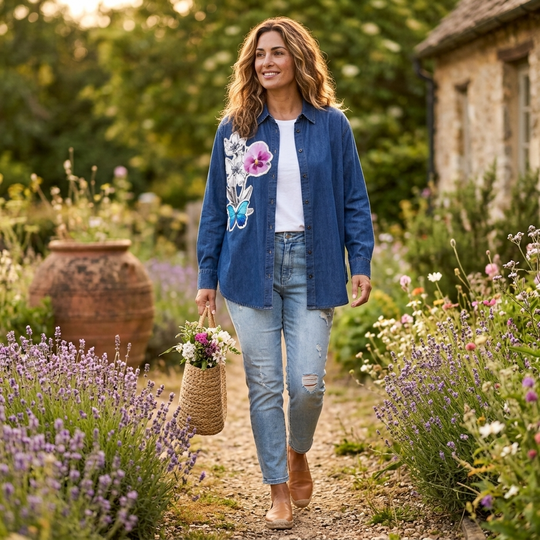 Floral &amp; Butterfly Embroidered Lyocell Shirt