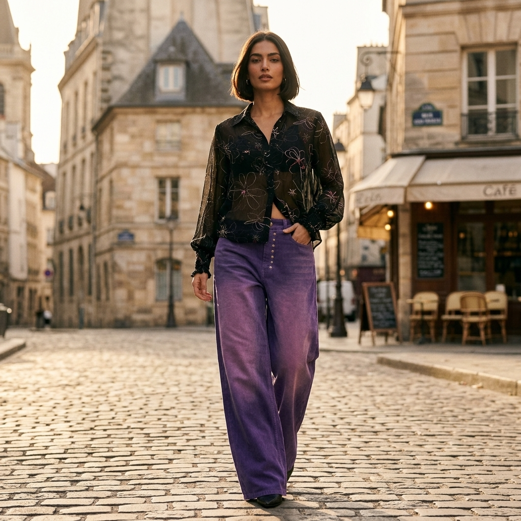 Violet Cotton Wide-Leg Trousers