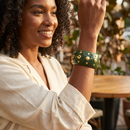 Bowie Bangle Bracelet – Colored Resin Cuff with Gold-Plated Studs - Green