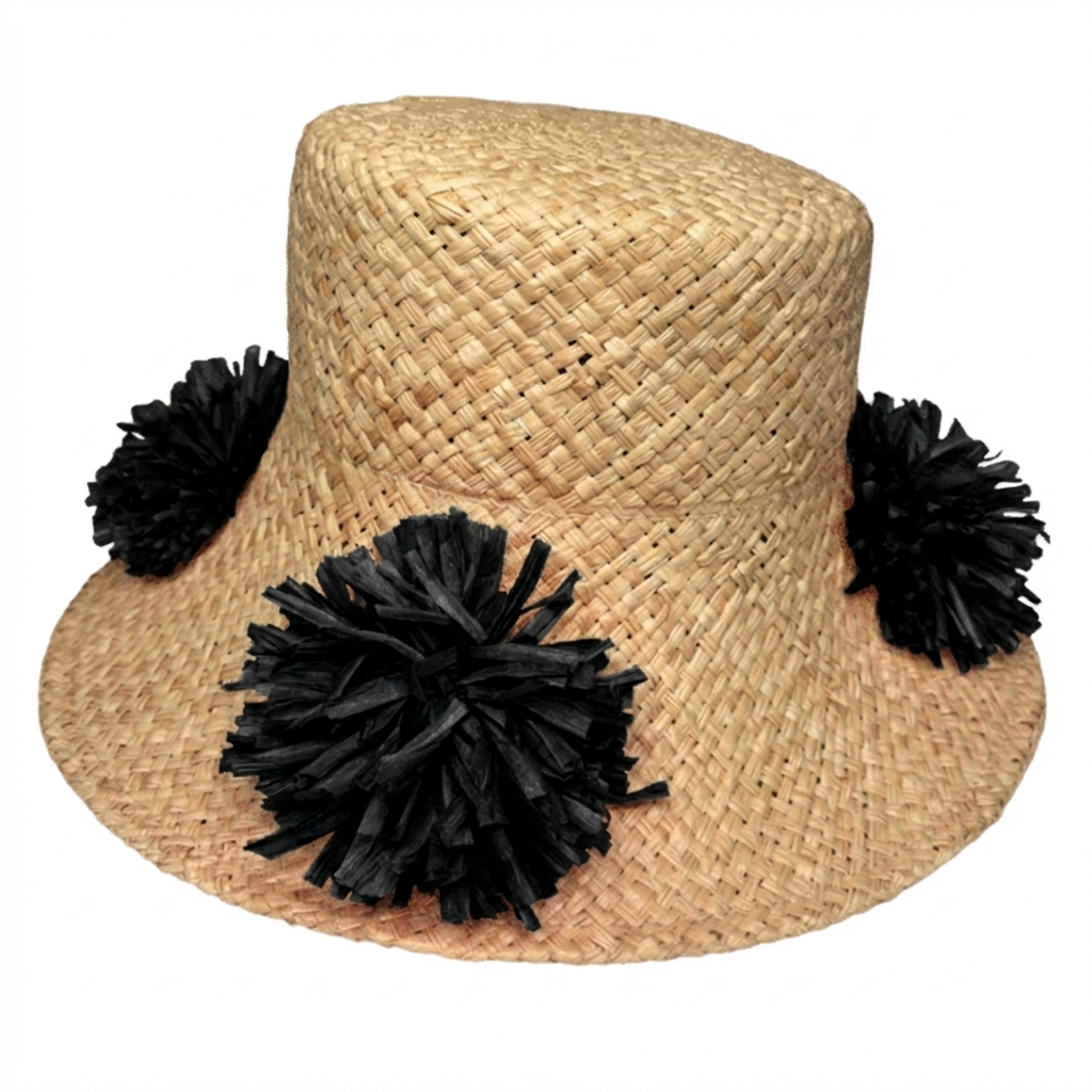 Natural Straw Hat with Black Pom Pom Detail