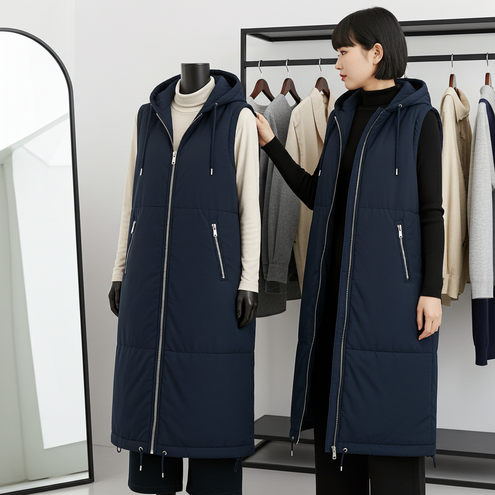 Person wearing a navy blue long vest in a clothing store.