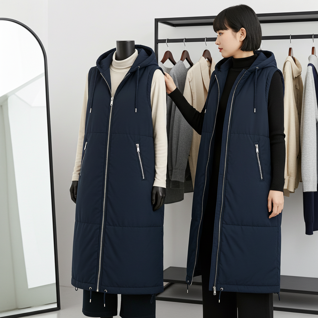 Person wearing a navy blue long vest in a clothing store.