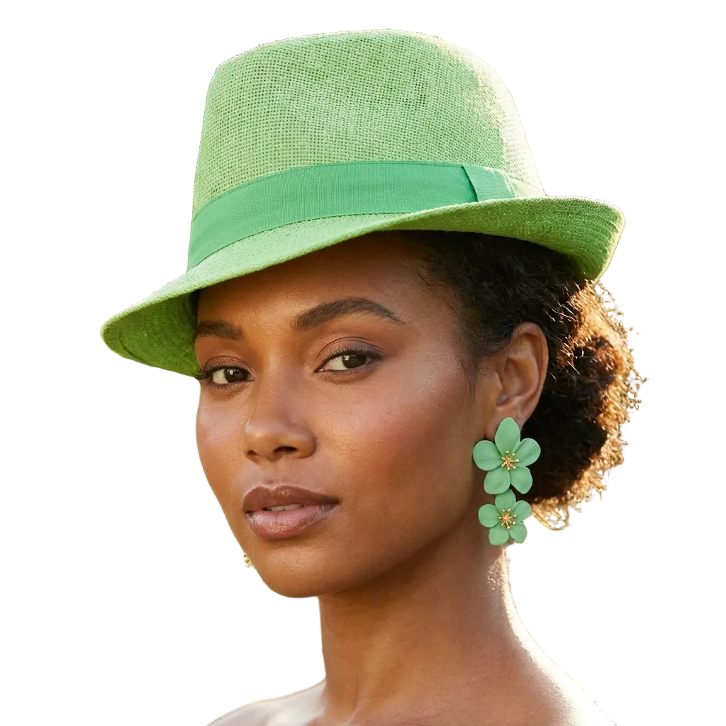 Woman wearing a green hat and earrings against a blurred natural background