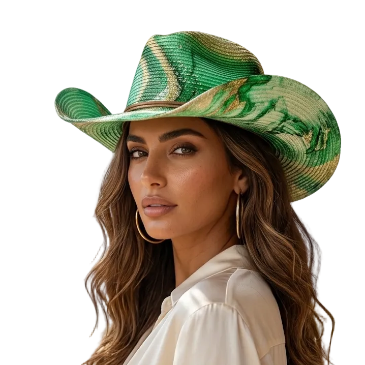 A woman wearing a green and gold patterned cowboy hat and a cream blouse, standing on a sunlit patio with a coastal ocean view in the background.