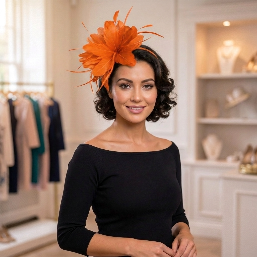 Tocado de plumas Midnight Bloom - Tocado de alta costura esculpido negro con velo