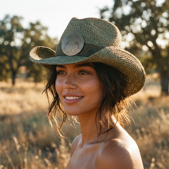 Woman wearing a straw cowboy hat in a field with trees in the background