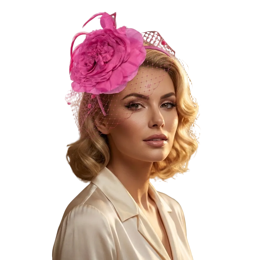Woman wearing a pink floral headpiece in a softly lit room