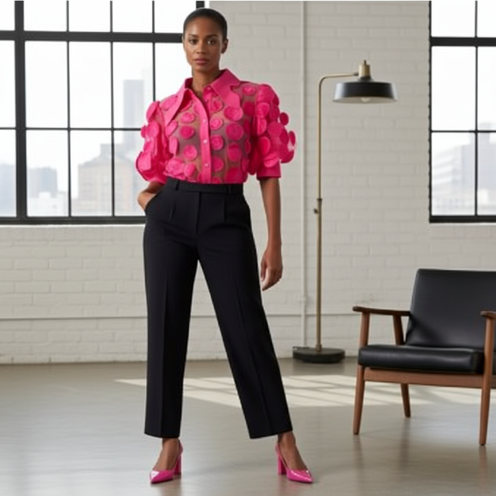 Fuchsia Mesh Splicing Round Polka Dots Button-Down Top