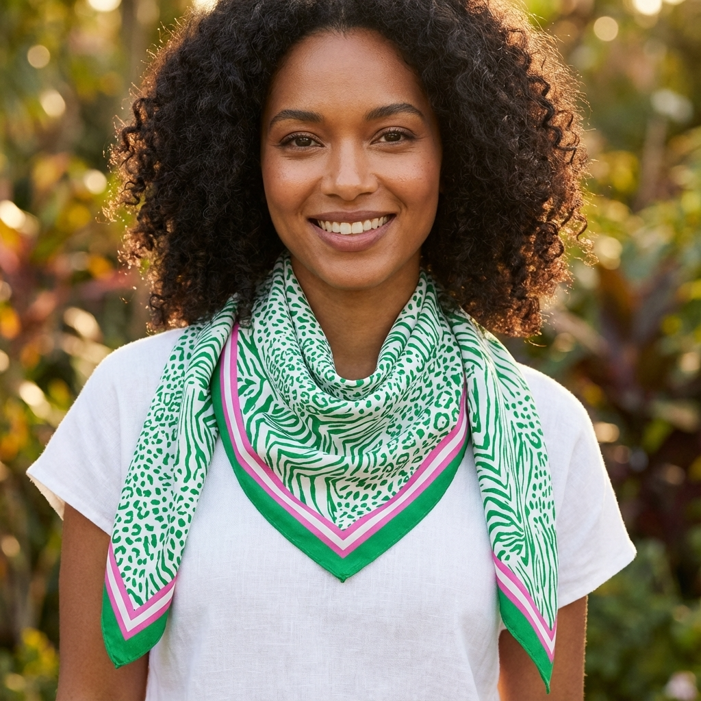 Woman wearing a green patterned scarf outdoors with blurred plants in the background